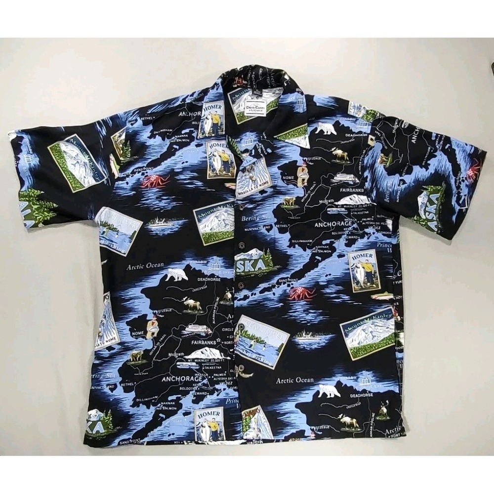 David Carey Alaska Fish Theme Hawaiian Shirt Mens XL Blue Short Sleeve Button Up